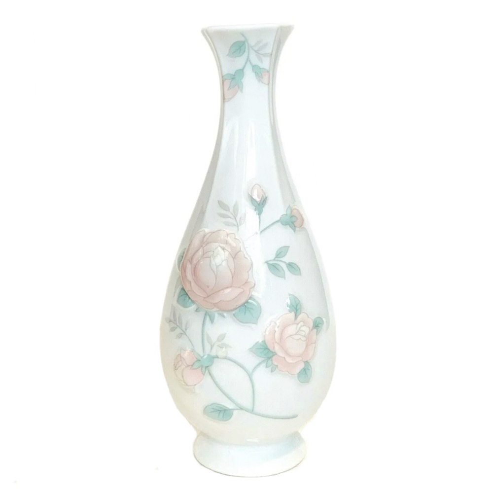 Vintage St Michael Ceramic Vase 1989 Japan Floral Flowers White Pink Green 3D